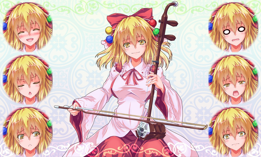 :&lt; :o blonde_hair blush bow breasts commentary_request cowboy_shot erhu expressions frilled_shirt_collar frills hair_bobbles hair_bow hair_ornament head_tilt large_breasts long_sleeves looking_at_viewer neck_ribbon nose_blush open_mouth red_bow red_ribbon red_skirt ribbon satsuki_rin skirt smile solo tachi-e touhou triangle_mouth wide_sleeves yellow_eyes zephid