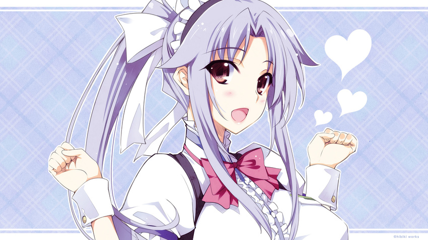 akatsuki-works blush bow brown_eyes female headdress iizuki_tasuku long_hair lovely_x_cation lovely_x_cation_2 maid narukawa_hime pink_eyes ponytail purple_hair ribbon solo