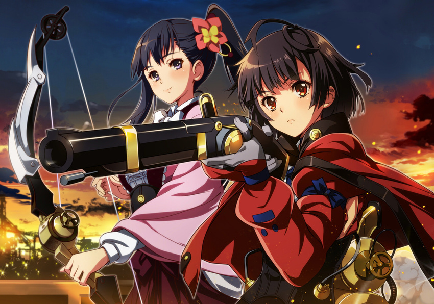 black_hair bow_(weapon) gloves gun holding holding_gun holding_weapon japanese_clothes koutetsujou_no_kabaneri long_hair looking_at_viewer multiple_girls mumei_(kabaneri) nyoro_(nyoronyoro000) purple_eyes red_eyes short_hair side_ponytail smile weapon yomogawa_ayame