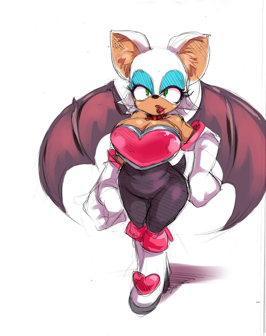 ameyamadenshin anthro bat breasts cleavage clothed clothing female fur gloves green_eyes mammal membranous_wings pose rouge_the_bat seductive smile solo sonic_(series) voluptuous white_fur wings