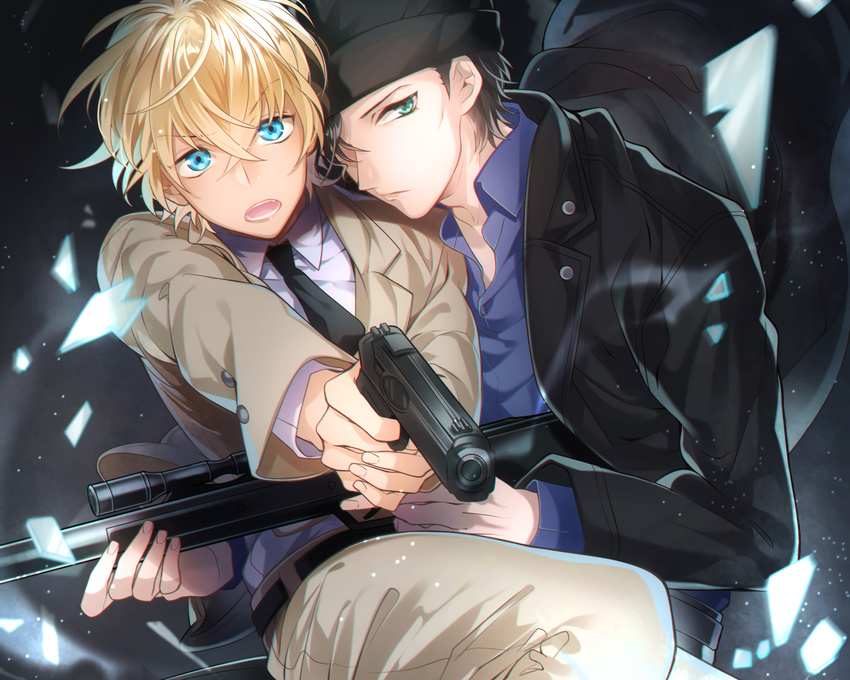 akai_shuuichi all_male amuro_tooru aqua_eyes black_hair blonde_hair blue_eyes close cropped detective_conan gun hat kurisu_takumi male short_hair waifu2x weapon