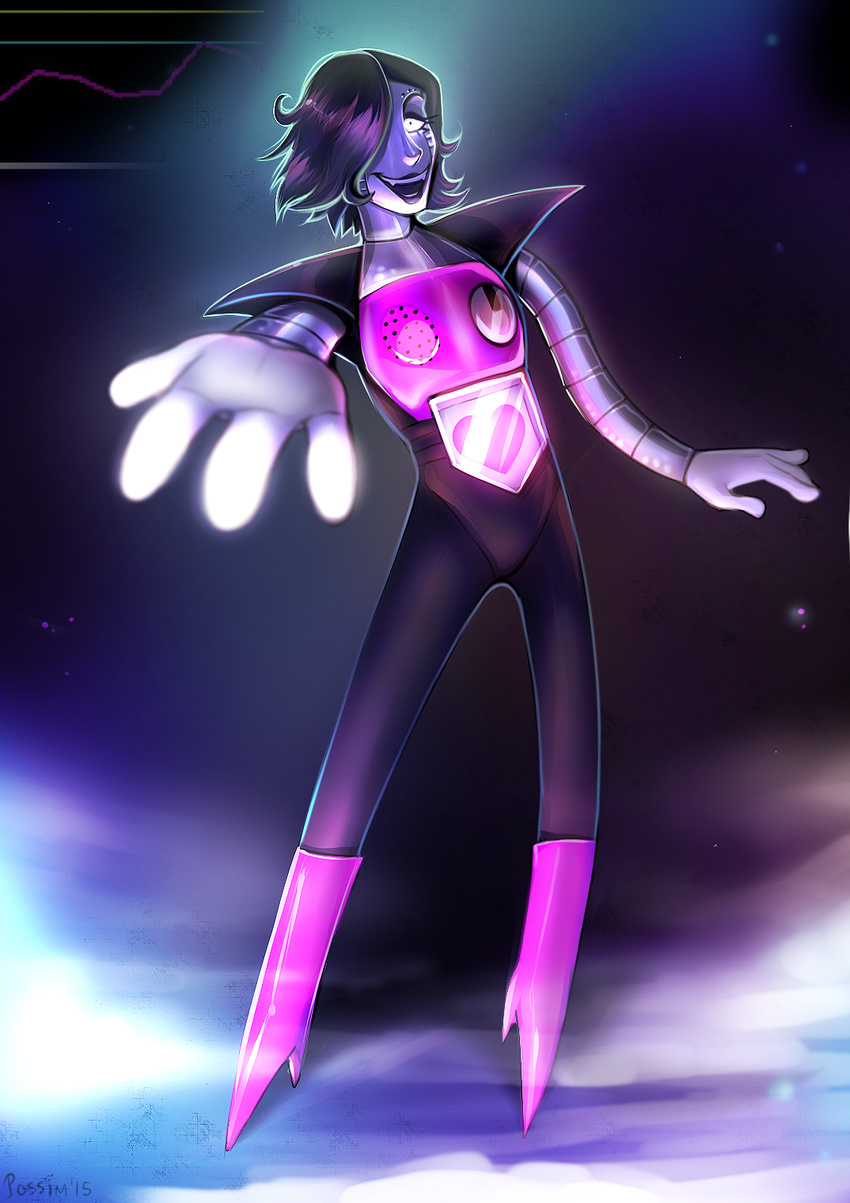 2015 4_fingers android black_hair clothing footwear grin hair hair_over_eye hi_res high_heels humanoid inviting looking_at_viewer machine mettaton mettaton_ex outstretched_hand pig_(artist) robot smile solo undertale video_games