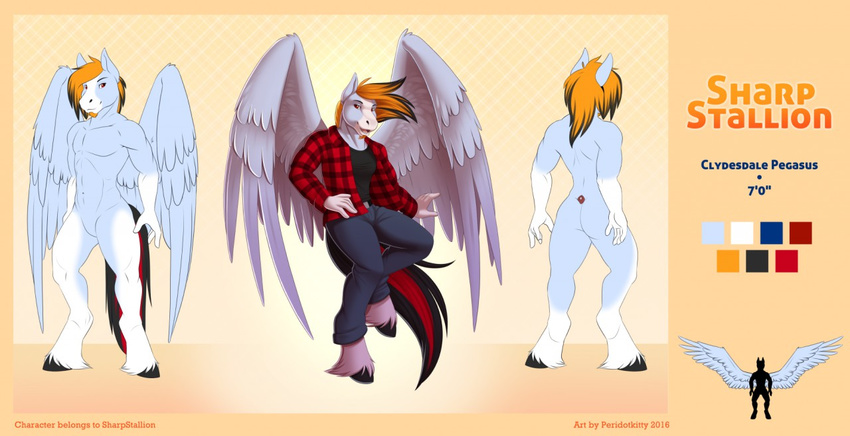 2016 anthro athletic beard blue_fur clothed clothing digital_media_(artwork) equine facial_hair feathered_wings feathers featureless_crotch fur goatee hair hooves looking_at_viewer male mammal model_sheet multicolored_fur naturally_censored nude on_one_leg orange_hair pegasus peridotkitty sharp_stallion smile solo standing two_tone_fur white_fur wings