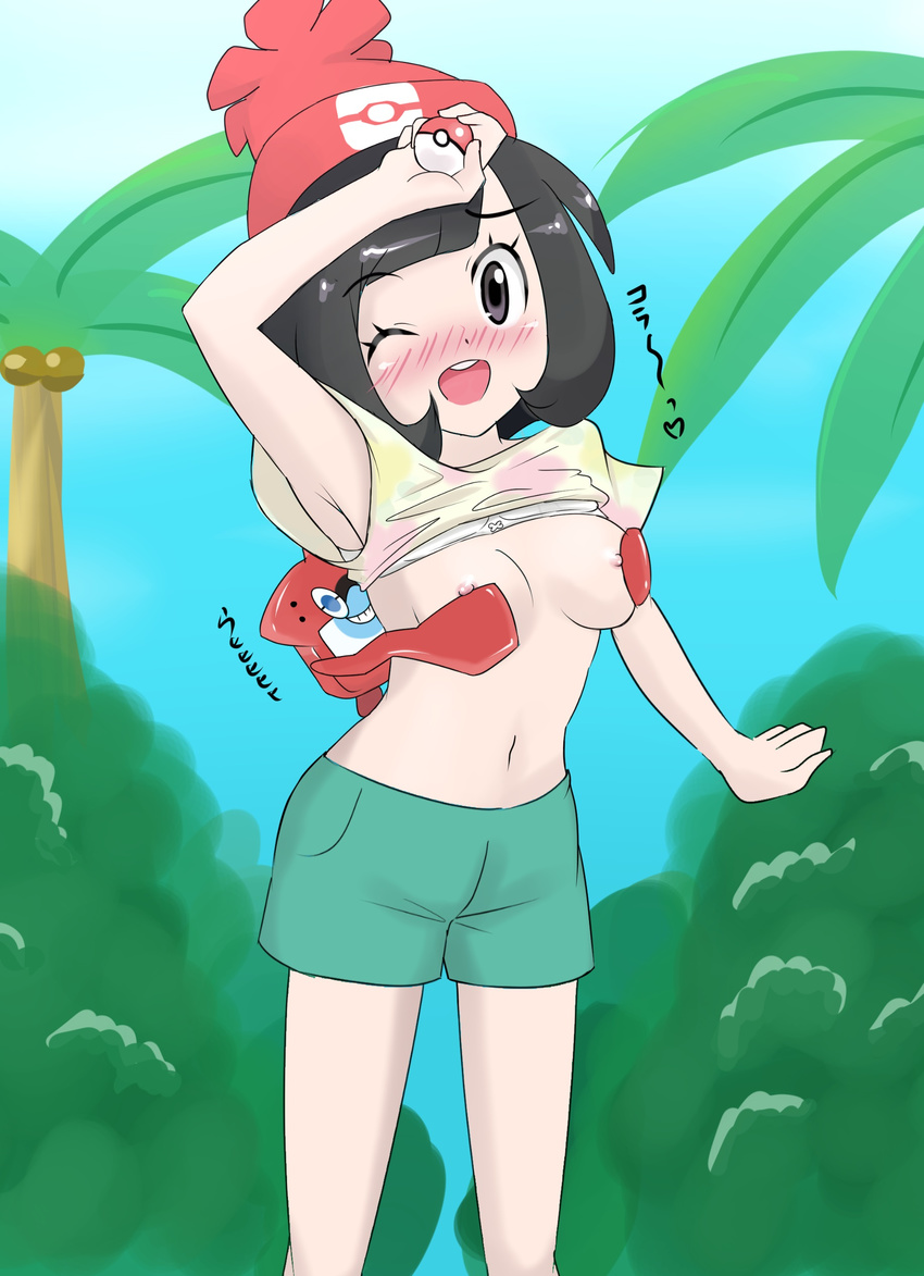 &lt;3 2016 a.k.o.t. ambiguous_gender armpits black_hair blue_body blue_eyes breast_fondling breasts clothing coconut detailed_background duo female fondling food fruit grey_eyes hair hand_on_breast human mammal nintendo nipples one_eye_closed palm_trees pink_nipples pok&eacute;ball pok&eacute;mon raised_bra raised_shirt red_body rotom rotomdex shirt shorts translation-request video_games white_body white_skin