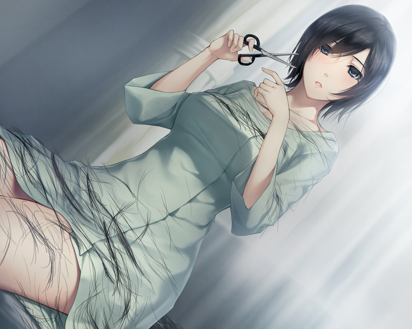 black_hair cropped dress game_cg green_eyes innocent_grey kara_no_shoujo_2 kayahara_yukiko short_hair sugina_miki