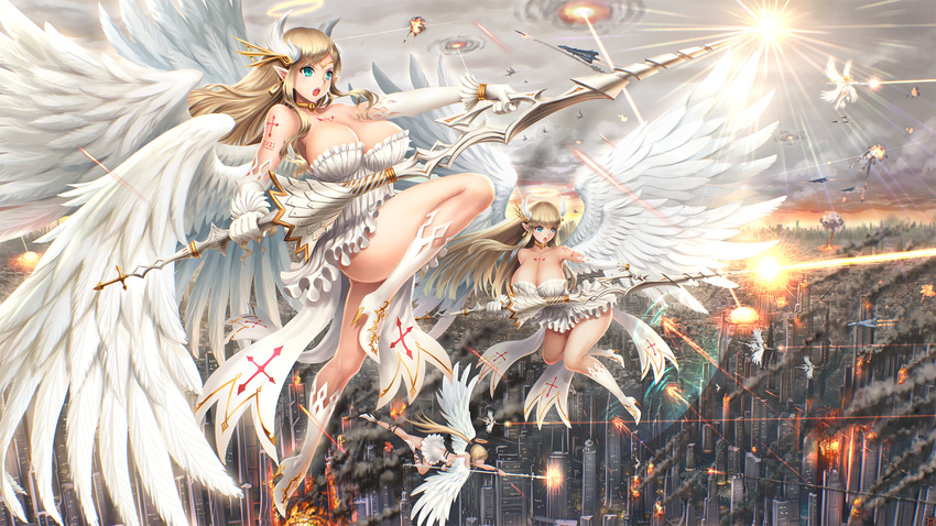 aircraft angel boots breasts city cleavage dress elbow_gloves gloves original weapon wings youbou