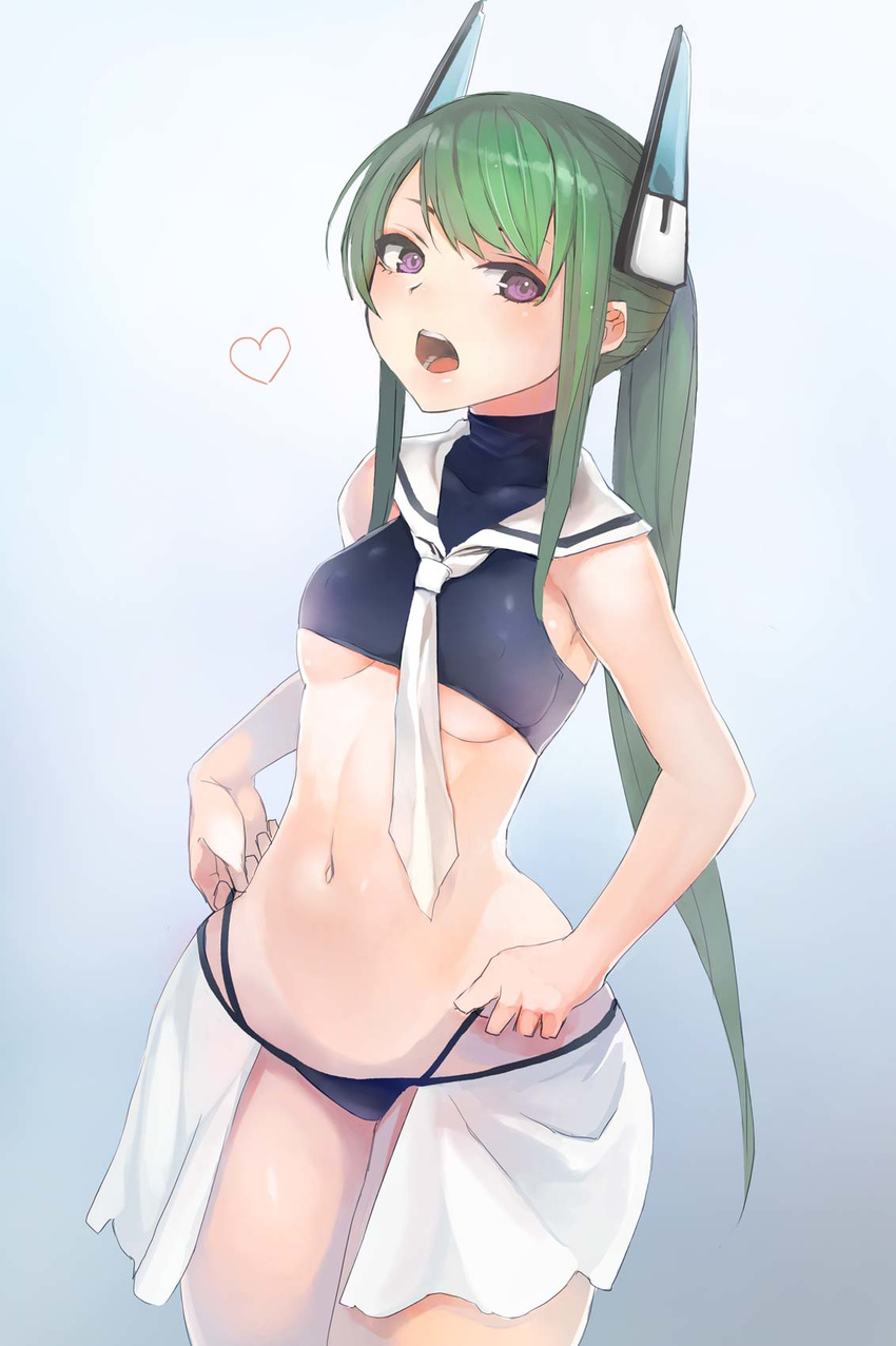 breasts covered_nipples cowboy_shot green_hair headgear heart highres long_hair looking_at_viewer medium_breasts menou_kaname navel open_mouth original ponytail purple_eyes sailor_collar solo swimsuit taishi_(picchiridou) teeth underboob wide_hips