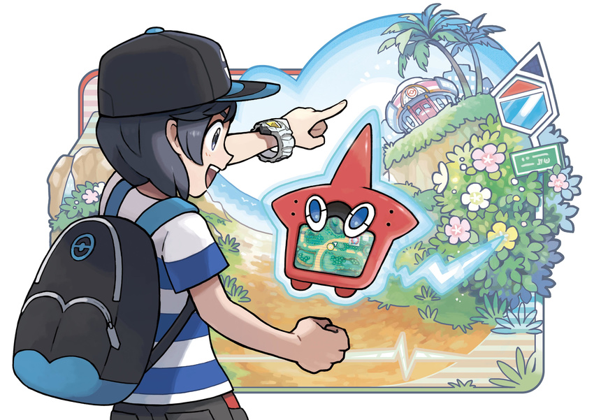 ambiguous_gender backpack black_hair blue_eyes clothing detailed_background hair hat male nintendo official_art pok&eacute;mon pokemon_center red_body rotom rotomdex shirt simple_background video_games white_background white_skin