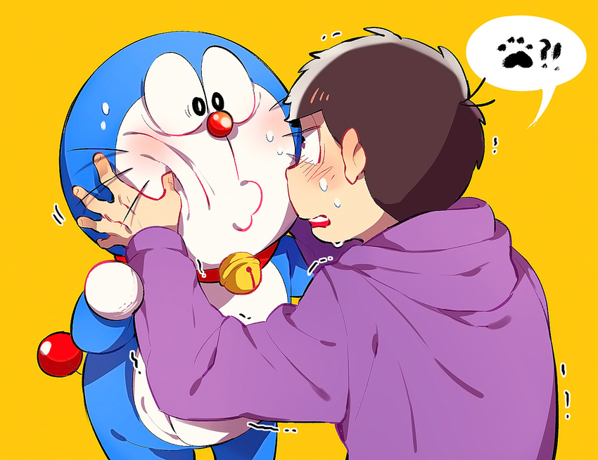 2boys back bad_id bad_pixiv_id bell bell_collar black_eyes blush collar confused crossover doraemon doraemon_(character) hand_on_another's_cheek hand_on_another's_face hood hood_down hoodie jingle_bell looking_at_another male_focus matsuno_ichimatsu motion_lines multiple_boys o2_(o2mm) osomatsu-kun osomatsu-san paw_print robot simple_background speech_bubble trembling yellow_background