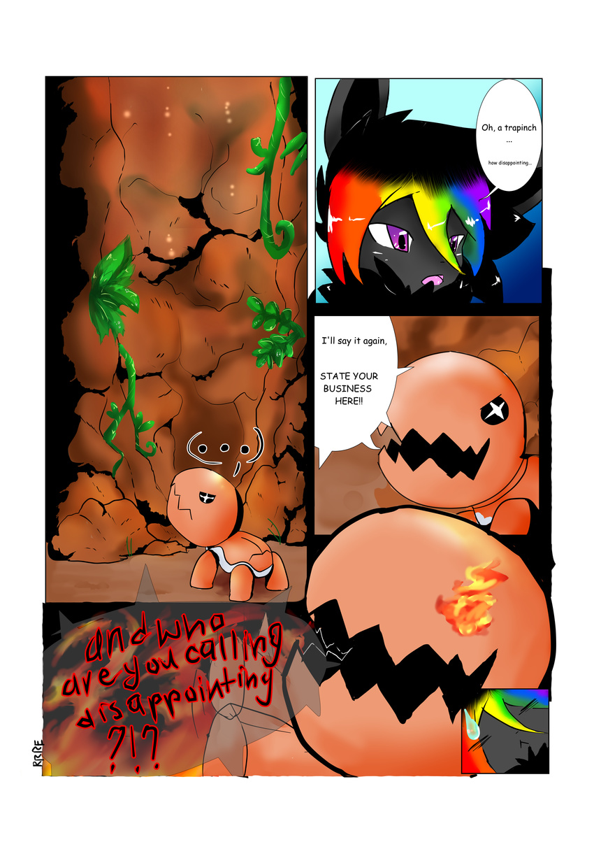 2016 alternate_color comic digital_media_(artwork) eevee english_text fan_character fire fur hi_res nintendo open_mouth pok&eacute;mon pok&eacute;mon_mystery_dungeon raveneevee sweat sweatdrop text trapinch video_games