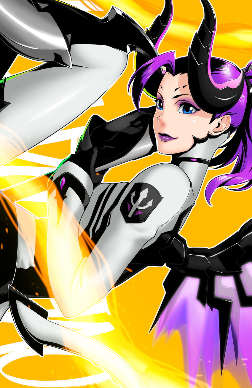 absurdres blue_eyes blurry boots breasts dark_persona feet_out_of_frame high_ponytail highres horns imp_mercy kalua knee_up lips lipstick long_hair makeup mechanical_wings medium_breasts mercy_(overwatch) overwatch purple_hair purple_lips purple_wings sideways solo staff tail wings