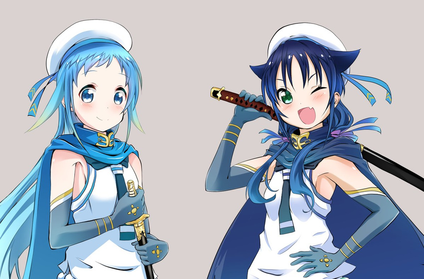 ;d blue_eyes blue_hair blush cape dagger downscaled elbow_gloves fang gloves gradient_hair green_eyes hair_flaps hair_ribbon hand_on_hip hat holding holding_sword holding_weapon kantai_collection katana long_hair looking_at_viewer low_twintails md5_mismatch multicolored_hair multiple_girls necktie one_eye_closed open_mouth resized ribbon sailor_hat samidare_(kantai_collection) school_uniform serafuku sheath sheathed shirt simple_background sleeveless sleeveless_shirt smile suzukaze_(kantai_collection) sword twintails very_long_hair weapon yokoshima_(euphoria)