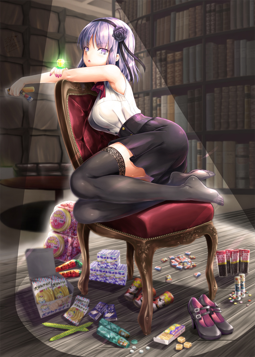 :o alto_seneka bangs black_flower black_footwear black_legwear black_ribbon black_rose black_skirt blue_eyes bookshelf box breasts can candy candy_ring chair chocolate cravat dagashi_kashi dress_shirt eyebrows eyebrows_visible_through_hair flower food hair_flower hair_ornament hair_ribbon hairband high-waist_skirt high_heels highres holding holding_food indoors jewelry lace lace-trimmed_thighhighs large_breasts lens_flare looking_at_viewer miniskirt nail_polish no_shoes outstretched_arm purple_hair red_nails ribbon ring ringed_eyes rose shidare_hotaru shirt shoes shoes_removed short_hair sitting skirt sleeveless sleeveless_shirt solo sparkle stage_lights sweets table thighhighs umaibou white_shirt wooden_floor yokozuwari zettai_ryouiki