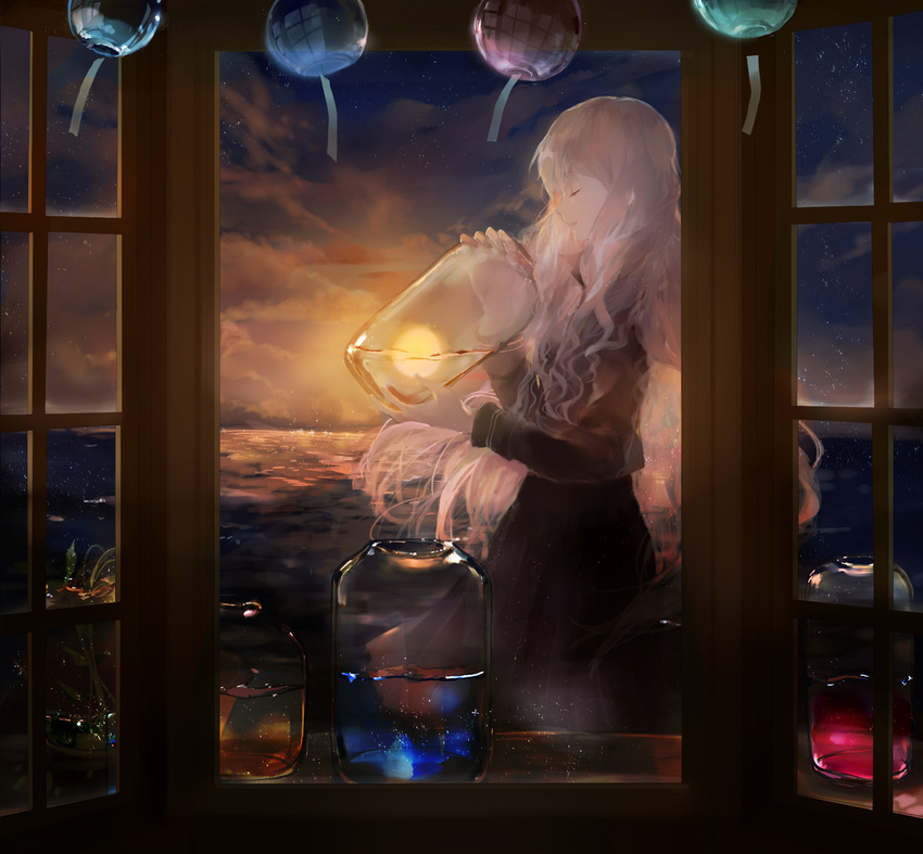 closed_eyes cloud cloudy_sky dark glycan highres holding horizon jar light_particles long_hair ocean open_mouth original plant potted_plant profile scenery sky smile solo sunset water white_hair wind_chime window