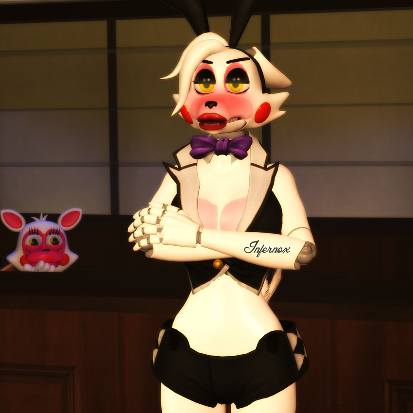 adventure_mangle_(fnaf) animatronic annoyed anthro blush bow_tie breasts bunny_costume canine cleavage clothed clothing cropped duo five_nights_at_freddy's five_nights_at_freddy's_2 five_nights_at_freddy's_world fox frown funtime_foxy_(fnaf) glowing glowing_eyes hi_res infernox-ratchet lipstick looking_at_vieweranimatronic machine mammal mangle_(fnaf) playboy playboy_bunny robot sharp_teeth shorts snarling teeth video_games watermark yellow_eyes