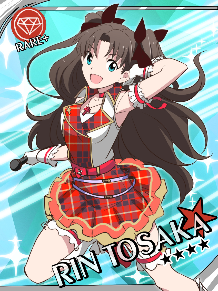 armpits bad_id bad_pixiv_id belt black_hair black_ribbon blue_eyes card_(medium) card_parody character_name cinderella_girls_card_parody cross cross_necklace dress fate/stay_night fate_(series) gloves hair_ornament hair_ribbon hand_in_hair highres holding holding_microphone idolmaster idolmaster_cinderella_girls jewelry long_hair looking_at_viewer microphone necklace open_mouth ribbon shimo_(s_kaminaka) solo toosaka_rin white_gloves