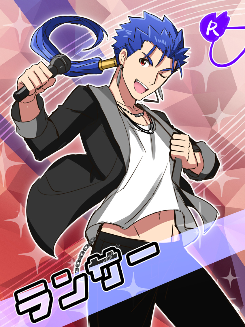 amagase_touma amagase_touma_(cosplay) bad_id bad_pixiv_id blackish_961sp blue_hair card_(medium) card_parody character_name collarbone cosplay fate/stay_night fate_(series) hair_ornament highres holding holding_microphone idolmaster idolmaster_side-m jewelry lancer long_hair looking_at_viewer male_focus microphone midriff navel necklace one_eye_closed open_mouth ponytail red_eyes shimo_(s_kaminaka) solo