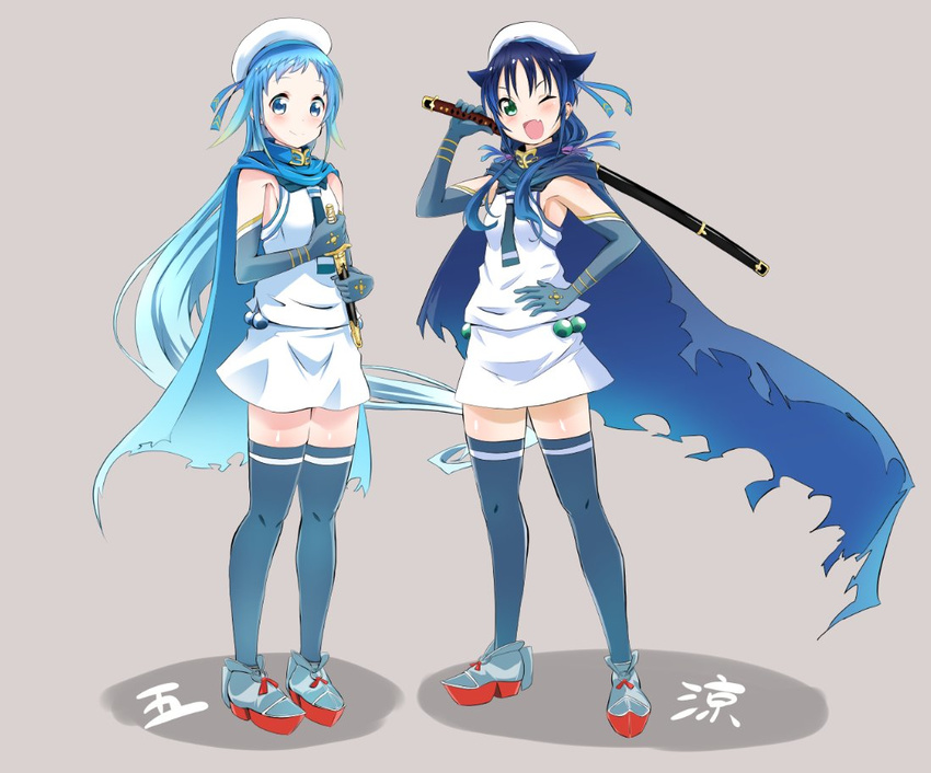 ;d blue_cape blue_eyes blue_hair blush cape commentary dagger elbow_gloves fang gloves gradient_clothes gradient_hair green_eyes hair_flaps hair_ribbon hand_on_hip hat holding holding_sword holding_weapon kantai_collection katana long_hair looking_at_viewer low_twintails miniskirt multicolored_hair multiple_girls neckerchief one_eye_closed open_mouth ribbon sailor_hat samidare_(kantai_collection) school_uniform serafuku sheath sheathed shirt shoes simple_background skirt sleeveless sleeveless_shirt smile suzukaze_(kantai_collection) sword thighhighs twintails very_long_hair weapon white_skirt yokoshima_(euphoria) zettai_ryouiki
