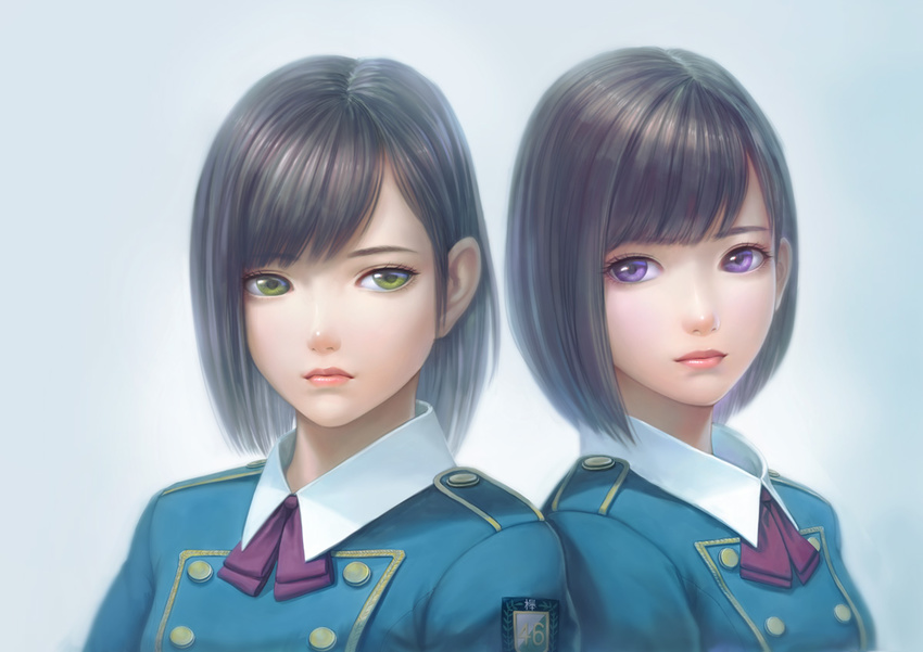 badge bangs black_hair buttons closed_mouth cravat eyelashes gradient gradient_background green_eyes group_name keyakizaka46 light_frown light_smile looking_at_viewer looking_to_the_side multiple_girls number purple_eyes real_life real_life_insert shida_manaka short_hair side-by-side swept_bangs uniform upper_body watanabe_risa_(idol) zhenlin