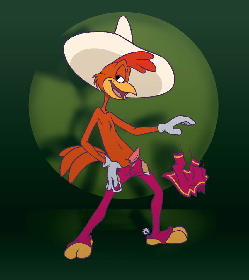 avian belt bird break chicken clothed clothing discarded_clothing disney erection flat_colors hat ladysomnambule looking_at_viewer open_pants panchito_pistoles penis seductive sombrero tapering_penis the_three_caballeros topless undressing