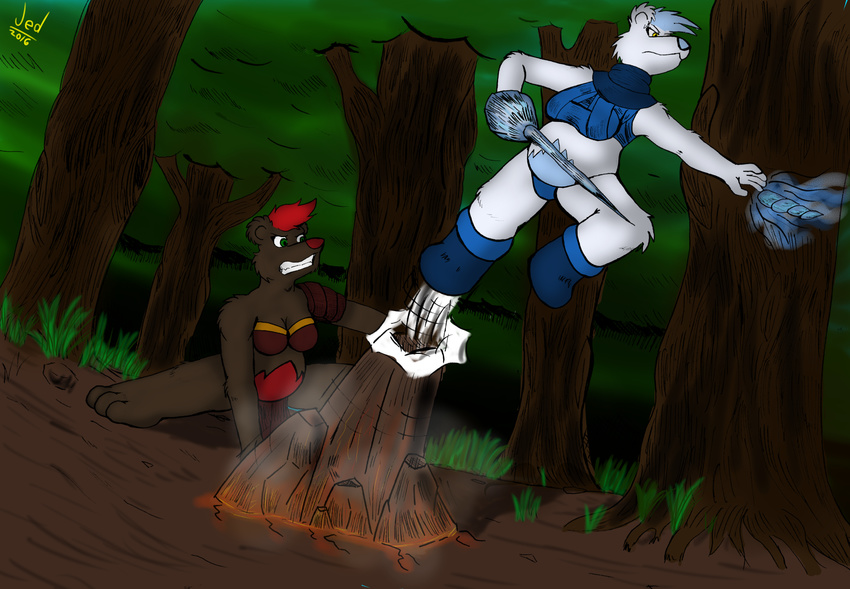 2016 anthro bear breasts clothed clothing earth earthbending female forest hair heat_(disambiguation) ice jumping mammal melee_weapon outside power rapier simple_background sword tree weapon