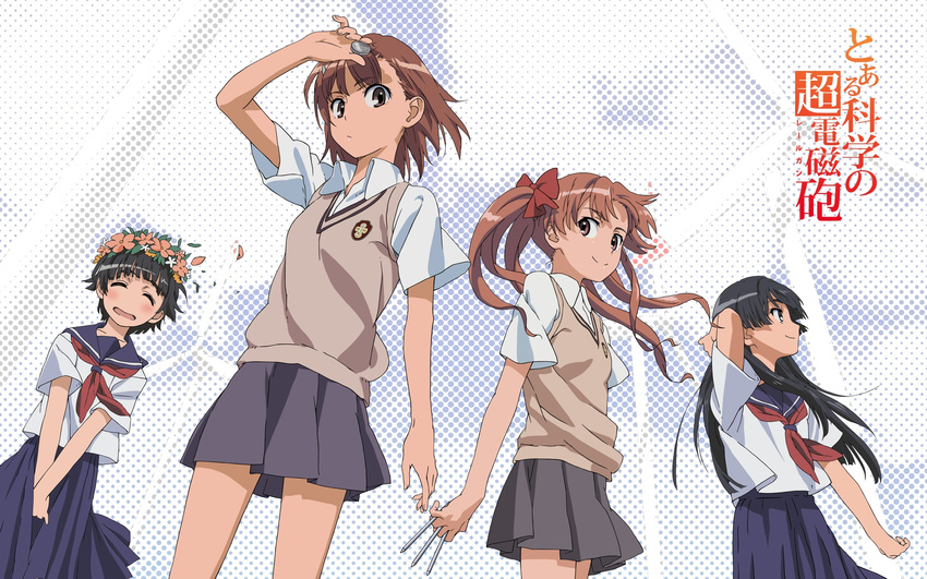 black_hair brown_eyes brown_hair flower hair_flower hair_ornament hairpin head_wreath highres misaka_mikoto multiple_girls official_art sakugawa_school_uniform saten_ruiko school_uniform serafuku shirai_kuroko sweater_vest to_aru_kagaku_no_railgun to_aru_majutsu_no_index tokiwadai_school_uniform uiharu_kazari