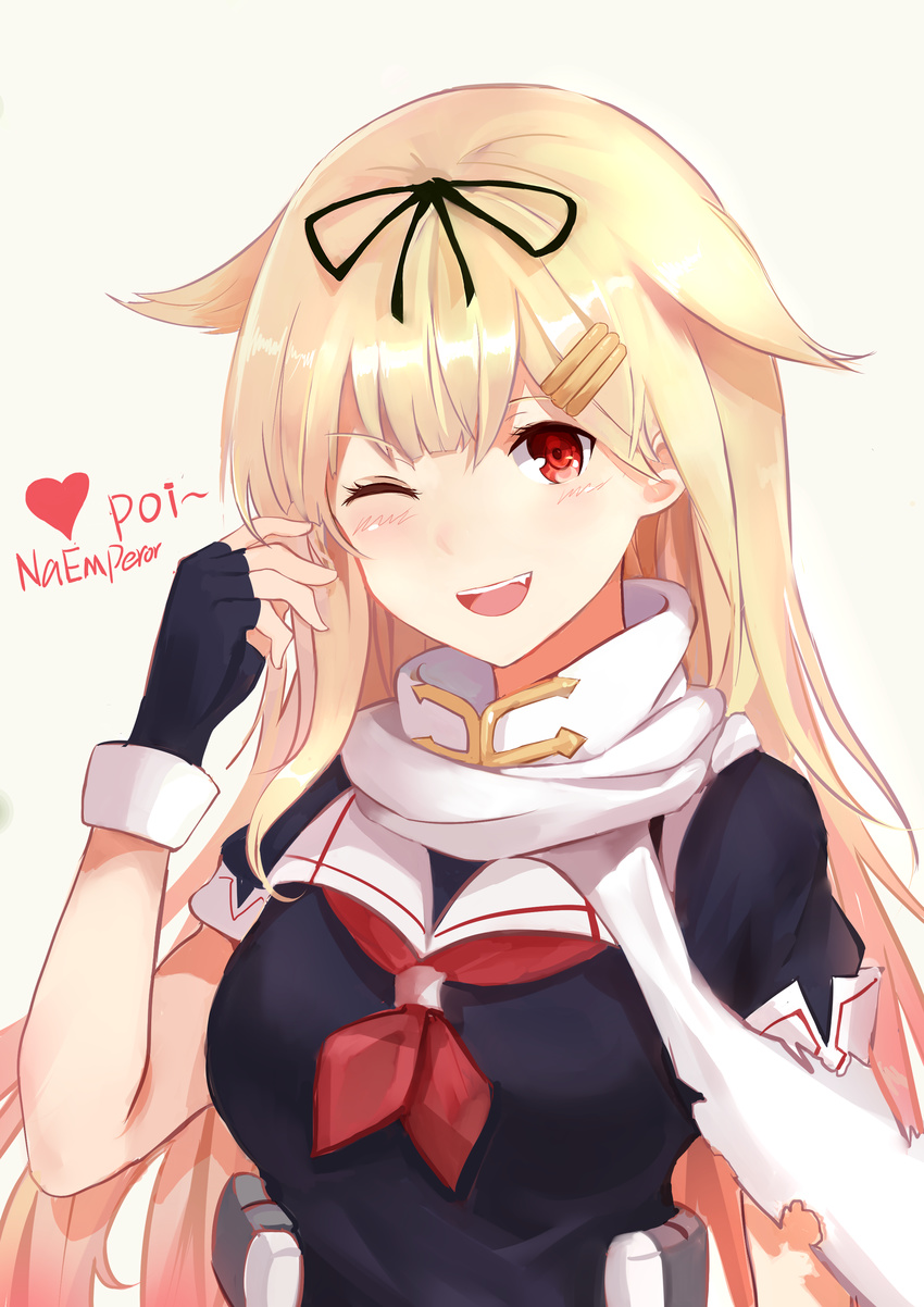 ;d absurdres black_gloves blonde_hair blush breasts fingerless_gloves gloves hair_flaps hair_ornament hairclip highres kantai_collection long_hair medium_breasts naemperor one_eye_closed open_mouth poi red_eyes remodel_(kantai_collection) scarf school_uniform serafuku smile solo teeth yuudachi_(kantai_collection)