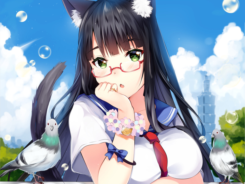 animal animal_ears bird black_hair blush bow breasts bubbles clouds cropped duji_amo glasses green_eyes long_hair original seifuku sky tail tie