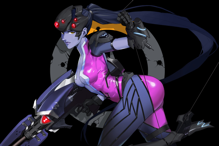 ass black black_hair bodysuit boots breasts cleavage gloves gun headdress long_hair overwatch ponytail skintight tagme_(artist) weapon widowmaker_(overwatch) yellow_eyes