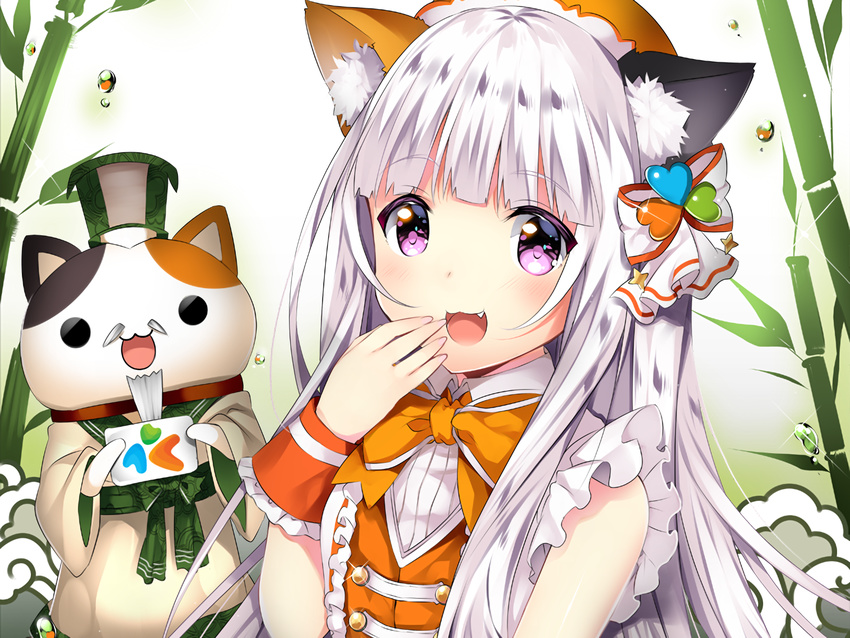 aliasing animal animal_ears blush bow cat cropped dress duji_amo long_hair original pink_eyes waifu2x white_hair