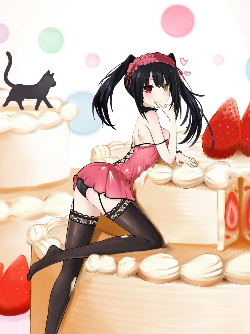 arched_back bad_id bad_pixiv_id bare_shoulders black_hair black_legwear cake cat clock_eyes date_a_live food fruit garter_belt hairband heart heterochromia highres in_food long_hair oversized_object red_eyes smile solo spoken_heart strawberry symbol-shaped_pupils thighhighs tokisaki_kurumi twintails yellow_eyes z1npool