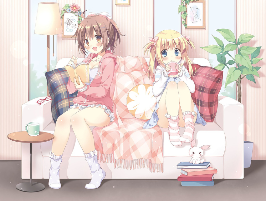 &gt;_&lt; :d :o ahoge blanket blonde_hair blue_eyes blush book_stack bow breasts brown_hair bunny cleavage closed_eyes constellation copyright_request couch cup cushion eyewear_removed fish flower frilled_legwear full_body glasses hair_bow hair_ribbon head_tilt hood hoodie image_sample imageboard_sample indoors jewelry knees_together_feet_apart long_hair mug multiple_girls necklace no_shoes open_mouth pan_(mimi) pink_ribbon plant pom_pom_(clothes) ponytail portrait_(object) potted_plant red-framed_eyewear ribbon shirt sitting sleeves_past_wrists smile socks steam striped striped_legwear table two_side_up white_legwear white_shirt window yandere_sample