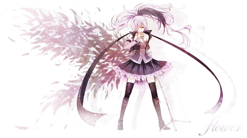 asymmetrical_clothes boots character_name cross-laced_footwear feathers flower_(vocaloid) full_body highres jacket long_hair microphone microphone_stand multicolored_hair open_clothes open_jacket orihara_sachiko ponytail skirt solo streaked_hair vocaloid