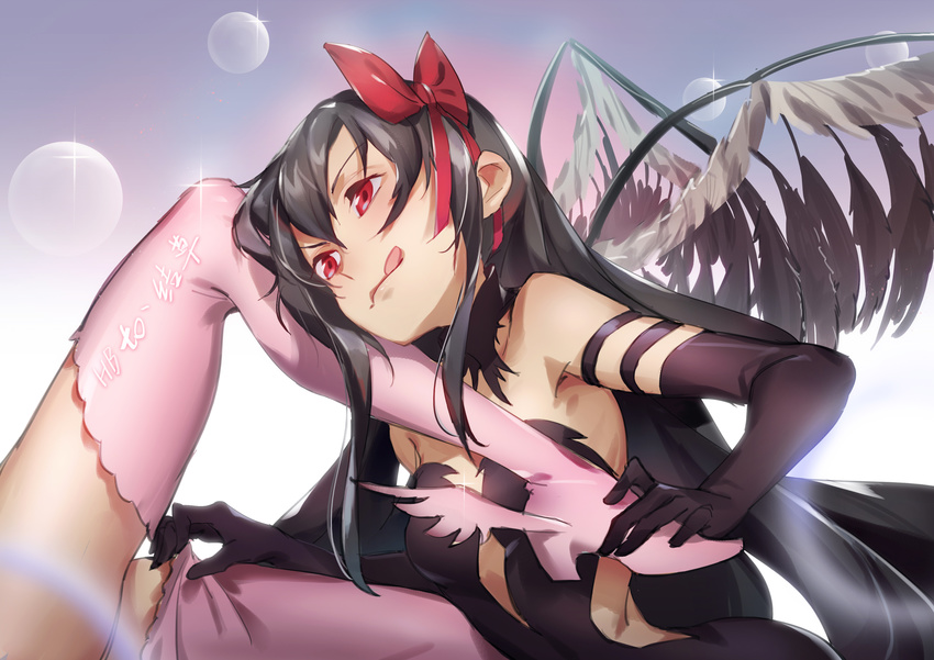 absurdres adjusting_clothes adjusting_legwear ahoge akemi_homura akuma_homura ankle_wings bangs bare_shoulders black_gloves black_wings boots bow center_opening feathered_wings gloves gradient gradient_background hair_between_eyes hair_bow hand_on_foot head_tilt high_heel_boots high_heels highres kaname_madoka leaning_on_person leg_up lens_flare licking_lips long_hair looking_at_another mahou_shoujo_madoka_magica mahou_shoujo_madoka_magica_movie multicolored multicolored_background multiple_girls out_of_frame pg_(pgouwoderen) pink_footwear pink_legwear red_bow red_eyes smile solo_focus spoilers strapless thigh_boots thighhighs tongue tongue_out ultimate_madoka very_long_hair wings yuri