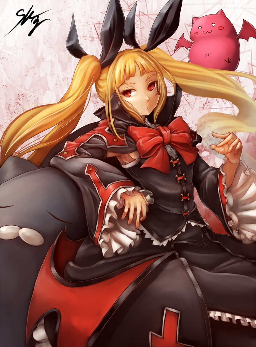 armpits bangs black_ribbon black_shirt blazblue blonde_hair blunt_bangs bow bowtie commentary_request detached_sleeves frilled_shirt frilled_skirt frilled_sleeves frills gothic_lolita hair_ribbon highres lolita_fashion long_hair long_sleeves looking_at_viewer rachel_alucard red_bow red_cross red_eyes red_neckwear ribbon shirt skirt skirt_set solo sowel_(sk3) twintails two_side_up wide_sleeves