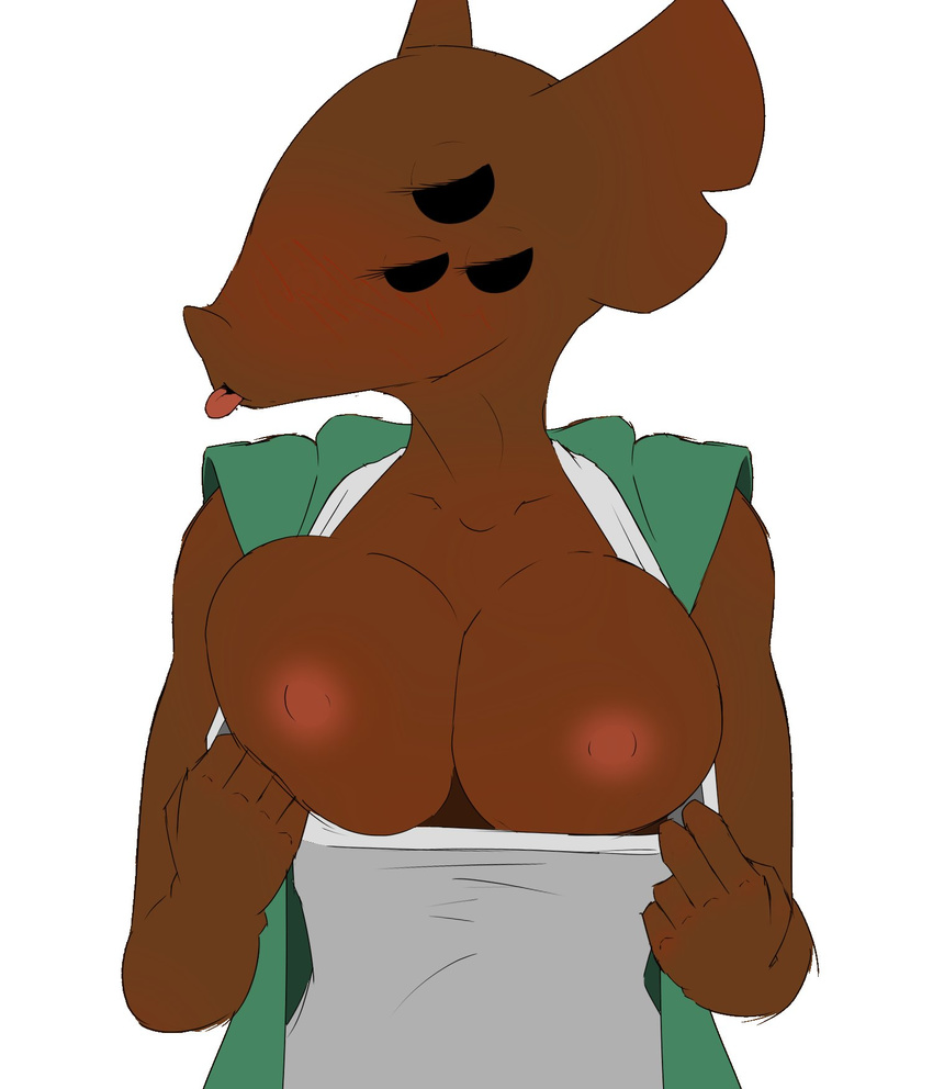 alien areola big_breasts bika black_eyes blush breasts brown_fur clothed clothing clothing_lift enemy_quest female flashing fur looking_at_viewer mammal nipples not_furry shirt shirt_lift simple_background six_eyes skut solo tgchan tongue tongue_out unknown_artist white_background