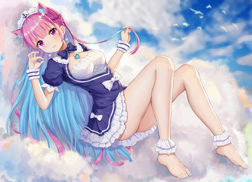 1girl ahoge anchor_print animal animal_ear_fluff animal_ears aqua_nails ass bare_legs barefoot bird blue_dress blue_hair blue_neckwear blue_sky blush bow bowtie braid breasts cat_ears cleavage cloud cloudy_sky day dress flock french_braid frilled_dress frills full_body hands_up headdress heart heart_necklace hokori_sakuni holding holding_hair holding_ring hololive jewelry kemonomimi_mode long_hair looking_at_viewer medium_breasts minato_aqua multicolored_hair nail_polish outdoors parted_lips pink_eyes pink_hair reclining ring sidelocks sky solo thighs two-tone_hair very_long_hair virtual_youtuber wedding_ring wrist_cuffs