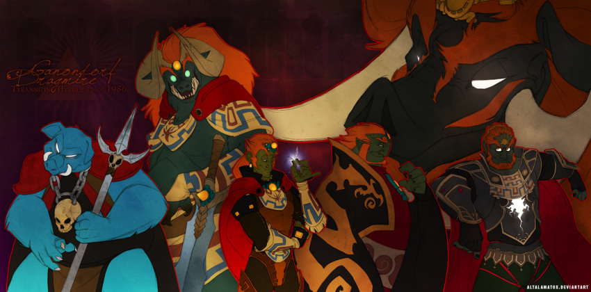 6+boys altalamatox arm_guards armor beard belt cape cloak commentary detached_sleeves earrings english_commentary facial_hair ganon ganondorf gerudo gloves greaves green_skin jewelry long_hair look-alike male_focus monster multiple_boys nintendo orange_hair pointy_ears red_eyes red_hair sheath short_hair smile sword the_legend_of_zelda the_legend_of_zelda:_a_link_to_the_past the_legend_of_zelda:_ocarina_of_time the_legend_of_zelda:_the_wind_waker the_legend_of_zelda:_twilight_princess trait_connection unsheathing vest weapon