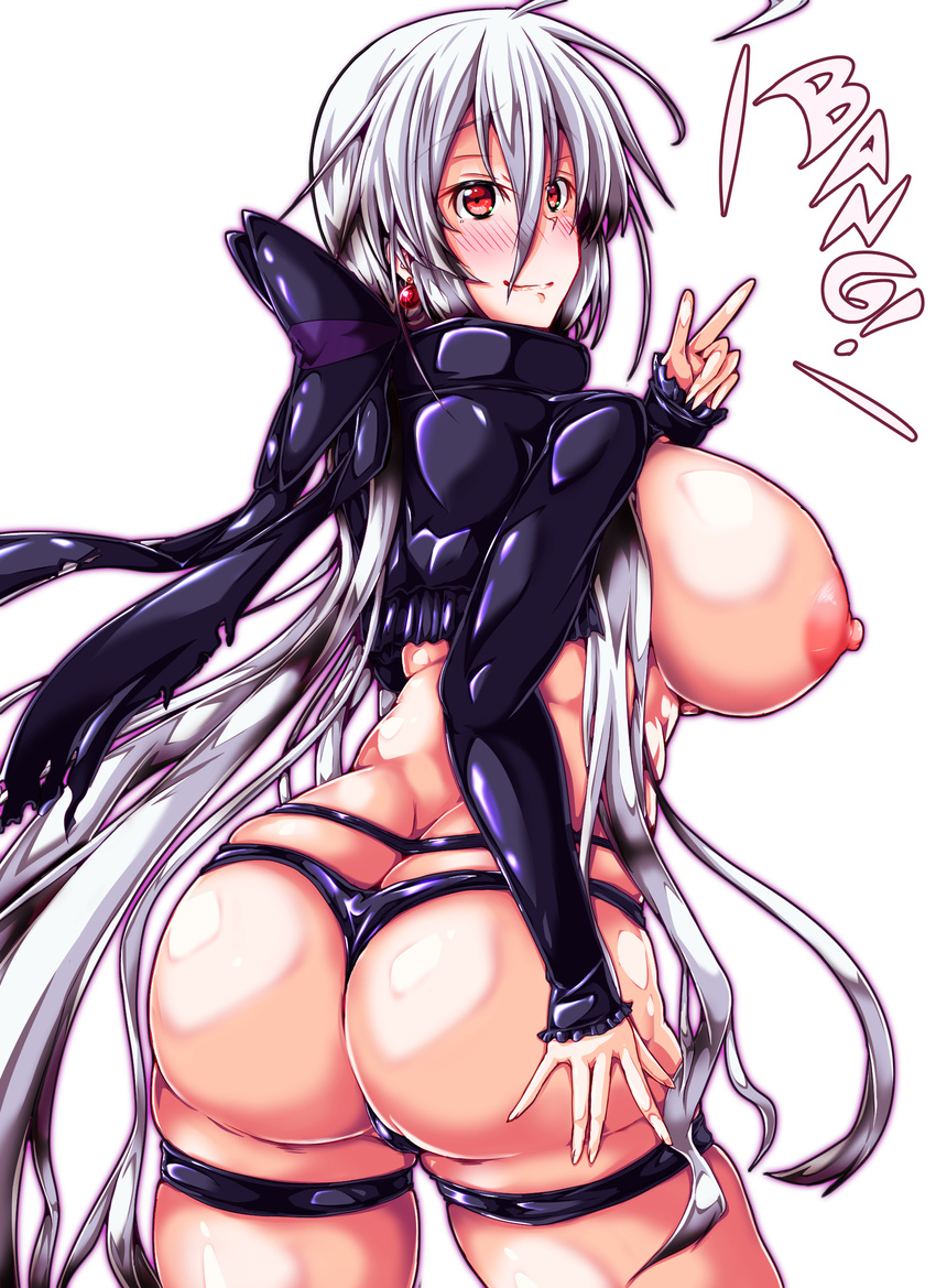 ass blush bow breasts butt_crack from_behind hair_bow huge_ass huge_breasts jacket long_hair long_sleeves looking_at_viewer misakana nipples ponytail puffy_nipples red_eyes shiny shiny_clothes shiny_hair shiny_skin sideboob silver_hair simple_background smile solo thong vocaloid white_background yowane_haku