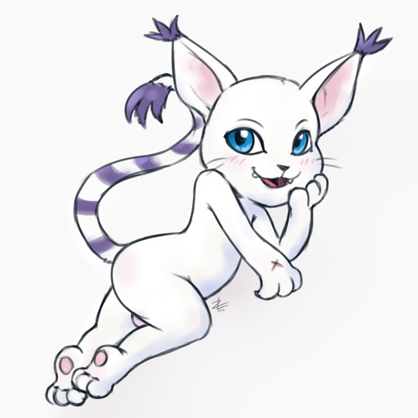 blue_eyes blush cat digimon ear_tuft feline female fur gatomon long_tail mammal nude pussy scar simple_background solo tuft white_background white_fur whusjers zekromlover