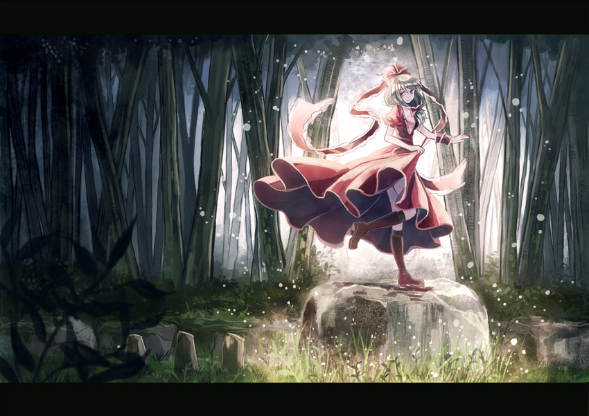 boots bow dancing dress forest from_side front_ponytail full_body green_eyes green_hair hair_bow kagiyama_hina knee_boots leg_up letterboxed looking_at_viewer md5_mismatch miyakure nature outdoors red_dress ribbon rock solo standing standing_on_one_leg thighs touhou wrist_ribbon