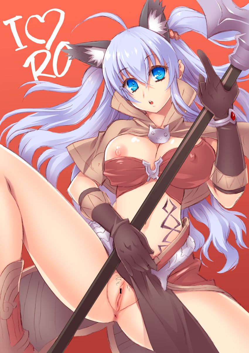 ahoge animal_ears anus ass bar_censor blue_eyes blue_hair boots breasts brown_gloves censored cleavage covered_nipples gloves highres large_breasts long_hair mage_(ragnarok_online) navel ngo nipples parted_lips pelvic_curtain pointless_censoring pubic_hair pussy ragnarok_online solo spread_legs staff twintails