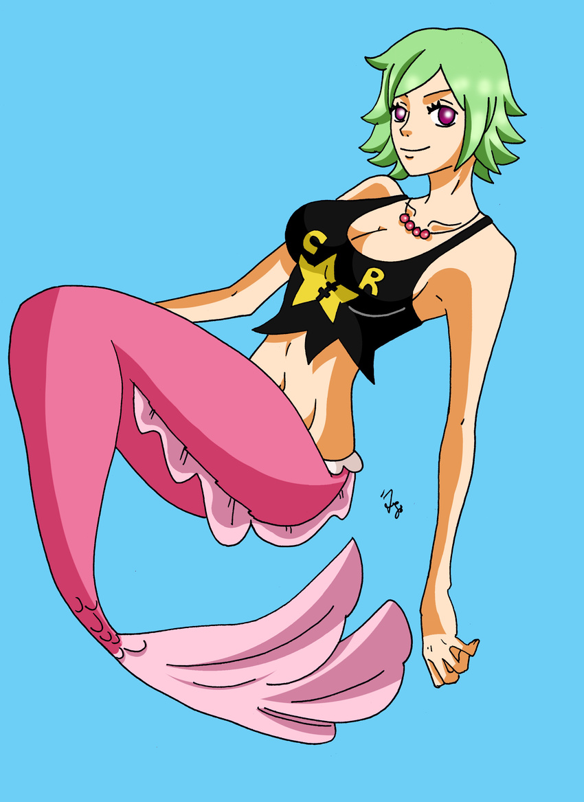 angelfish breasts camie character_name cleavage female fish fishman_island green_hair into_the_see jewelry kemie large_breasts looking_at_viewer mermaid mermaid_tail monster_girl necklace ocean one_piece pink pink_tail purple_eyes see shirt short_hair smile solo swimming tank_top underwater water