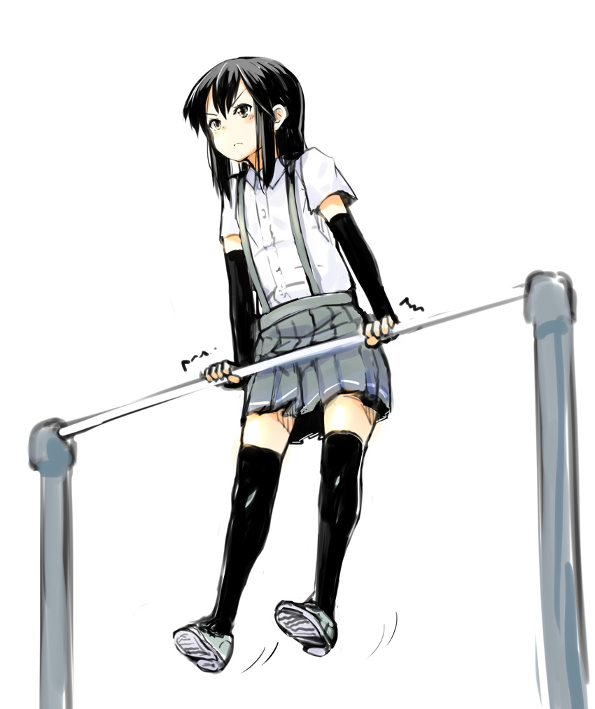 arm_warmers asashio_(kantai_collection) black_hair black_legwear blue_eyes blush commentary_request highres horizontal_bar kantai_collection legs long_hair looking_at_viewer momo_(higanbana_and_girl) pleated_skirt school_uniform shirt shoes short_sleeves skirt sneakers solo suspenders thighhighs white_shirt