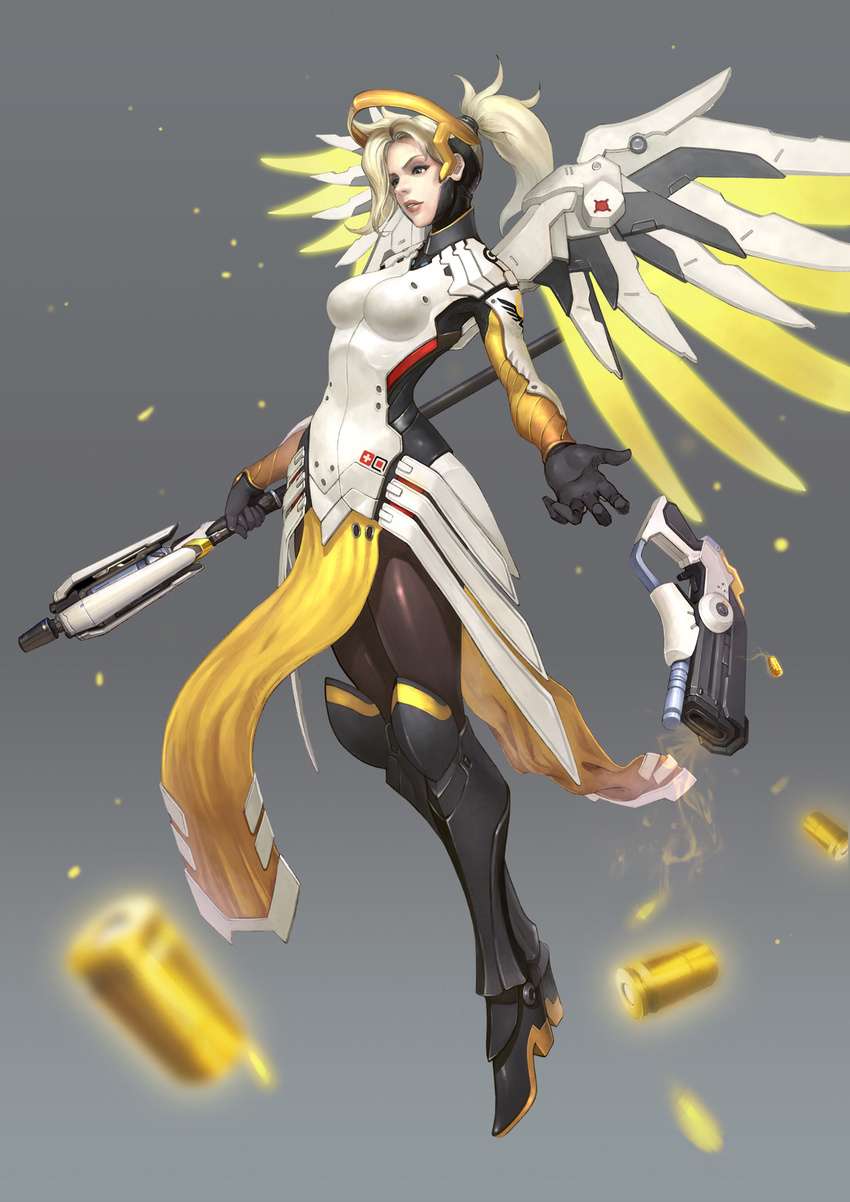 artstation_sample black_gloves blonde_hair boots breastplate breasts gloves gun handgun high_ponytail highres image_sample lips mechanical_halo mechanical_wings medium_breasts mercy_(overwatch) overwatch pantyhose parted_lips purple_eyes solo staff swiss_flag weapon wings yellow_wings yoon_lee