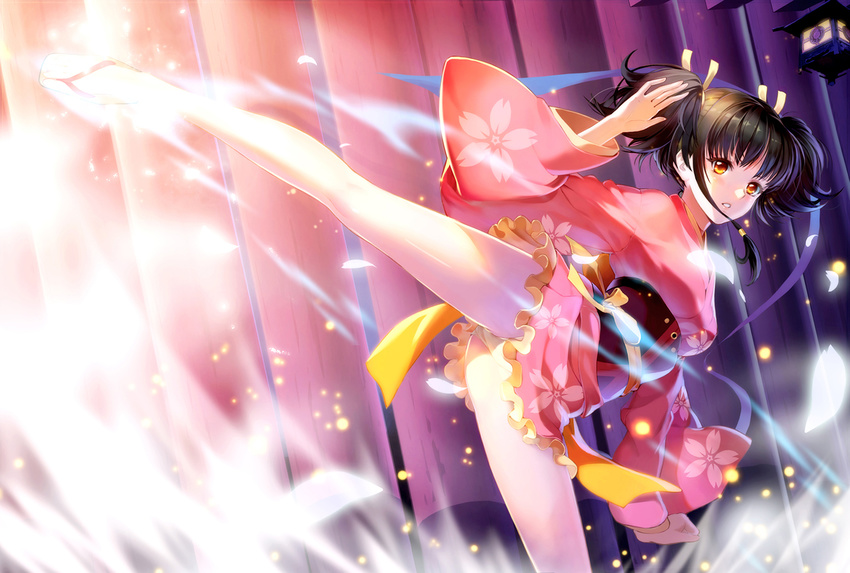 black_hair geta japanese_clothes kicking kimono koutetsujou_no_kabaneri mumei_(kabaneri) panties pantyshot parted_lips red_eyes short_hair short_kimono solo twintails underwear vmax-ver