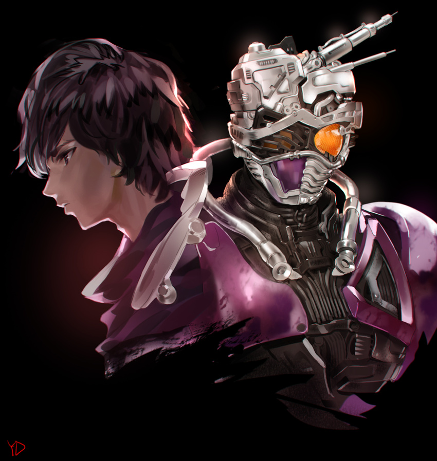 black_hair chase_(kamen_rider_drive) dual_persona highres kamen_rider kamen_rider_drive_(series) male_focus mashin_chaser mask purple_eyes solo yang-do