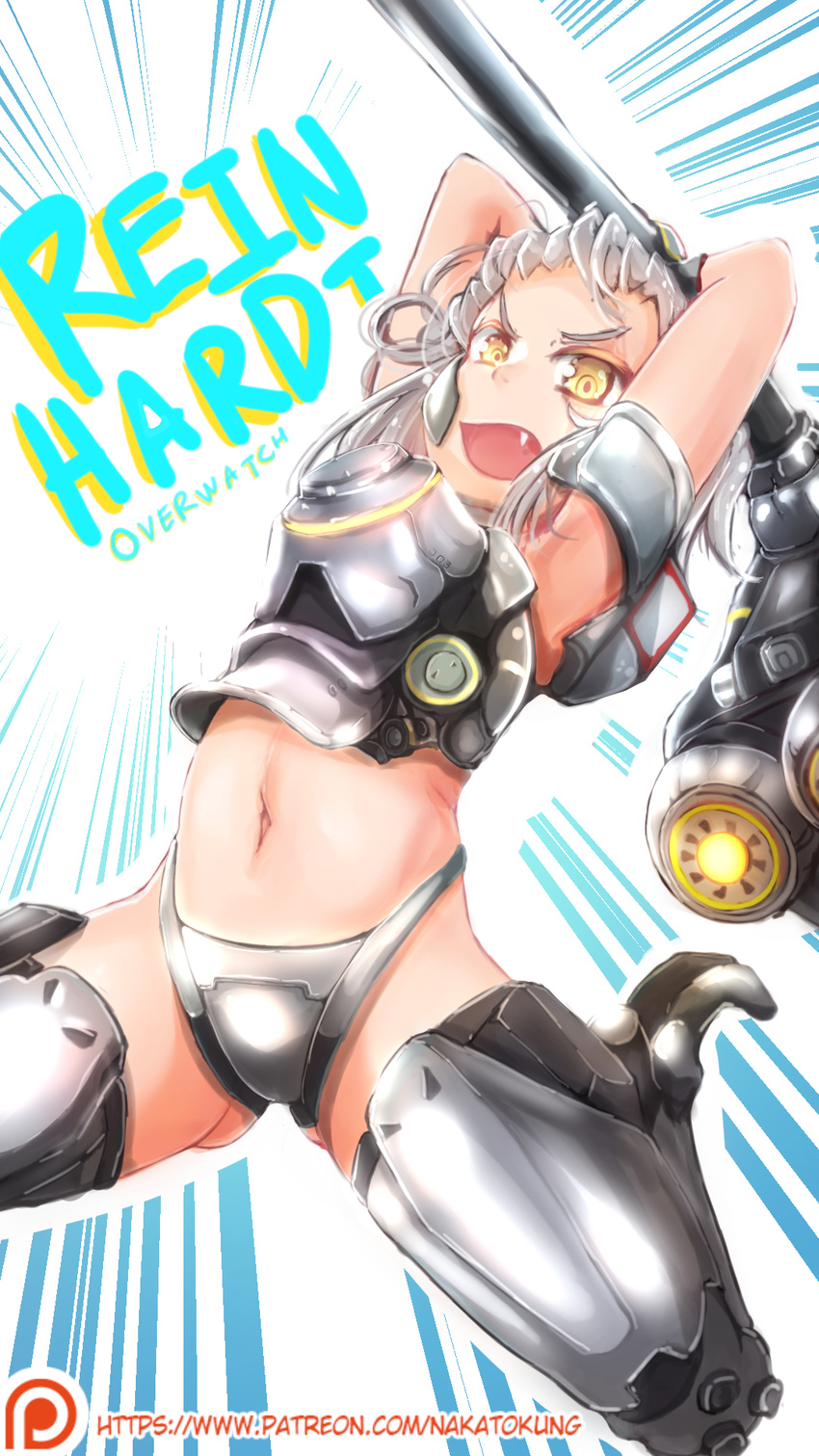 armor armored_boots boots carrying_overhead character_name commentary fang from_below genderswap genderswap_(mtf) hammer highres holding holding_weapon jumping looking_at_viewer midriff motion_lines nakatokung navel open_mouth overwatch reinhardt_(overwatch) short_hair solo stomach watermark weapon web_address white_hair yellow_eyes younger