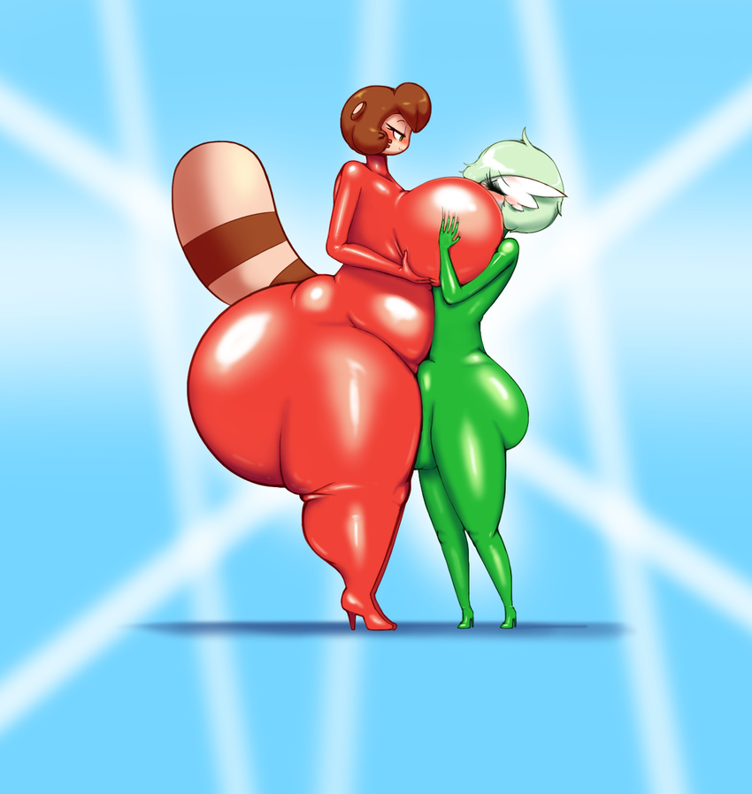 abstract_background big_butt blush brown_fur brown_hair bulge butt clothing curly_q duo eyelashes eyes_closed faelyn female footwear fur furrey gardevoir girly green_eyes hair high_heels huge_butt keijimatsu larger_female male nintendo pok&eacute;mon pok&eacute;morph rubber size_difference skinsuit slightly_chubby smaller_male smile tan_fur thick_thighs tight_clothing video_games