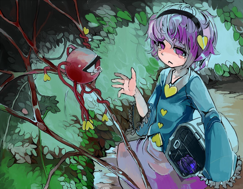 branch cage commentary empty_eyes eyeball eyebrows hairband heart komeiji_satori long_sleeves migi_tonari nature outdoors purple_eyes purple_hair shirt short_hair skirt solo string tears thick_eyebrows third_eye touhou wide_sleeves